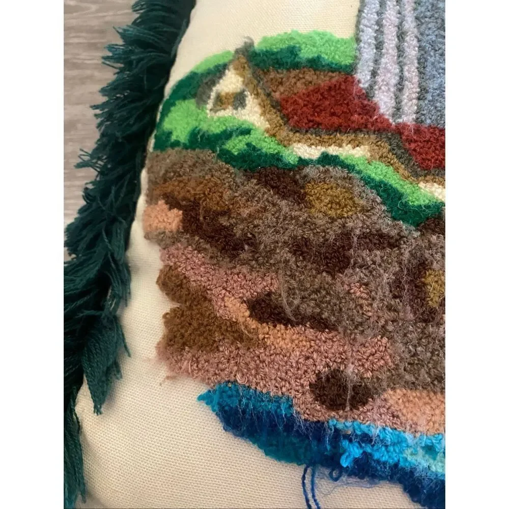 Lighthouse Sailboat Needlepoint Fringed Throw Pillow 16x16 Coastal Decor Vtge